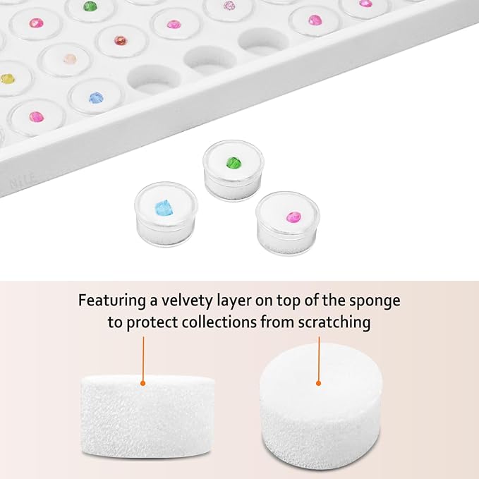 Ikee Design 50 White Foam Gem and Bead Storage Jars Showcase Stackable Display Tray Storage Box for Collectibles, Home Organization, 14.75 W x 8.25 D x 1 H in