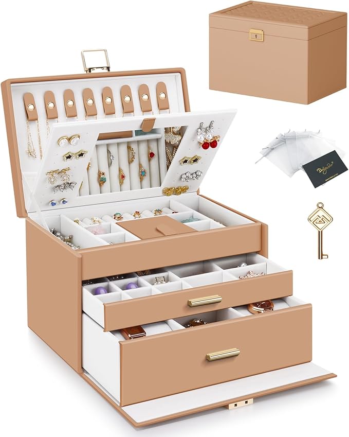 DesignSter Jewelry Box for Women Girl, 3-layer Lockable Jewelry Organizer with Mirror, Large Leather Jewelry Case for Earring Necklace Ring Bracelet Watch