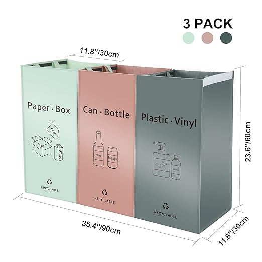 JIALAI HOME Separate Recycling Bin for Kitchen Home - Indoor Recycle Bins (Pink, Green, Gray) Waste Trash Sorting Bins, Reusable Waterproof Affordable Recycle Bags, Pack of 3 Bags