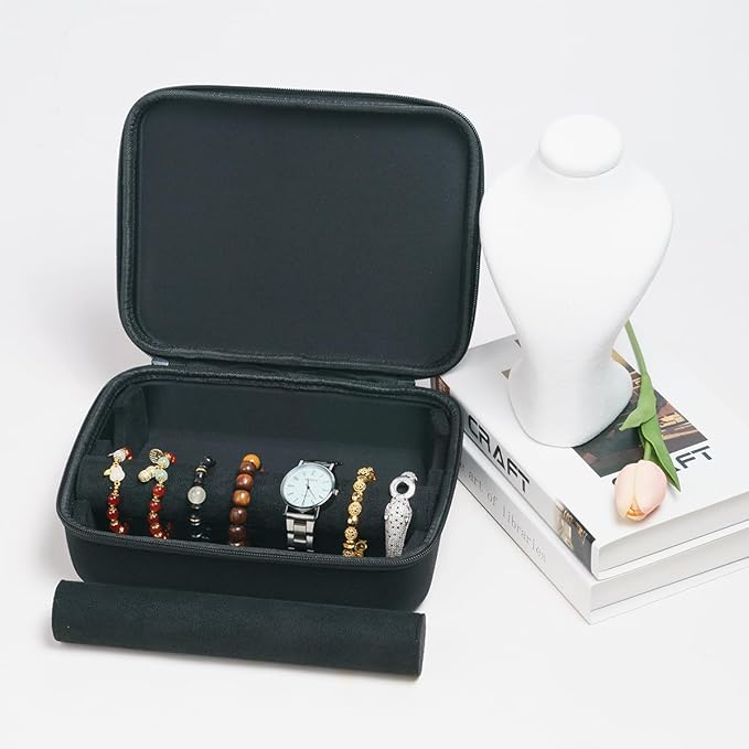 Portable Travel Jewelry Box Bracelet Display Holder with 2Rods for Watch Bangle Jewelry Organizer Storage Bag Women Men Black