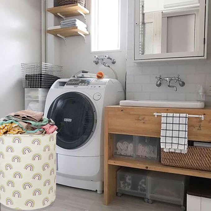 Collapsible Kids Laundry Basket Clothes Hamper, Foldable Storage Organizer Bin, Toy Clothes Storage with Handles for Boys Girls Bedroom, Room Decor Rainbow