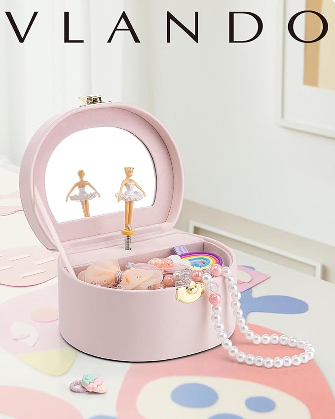 VLANDO Musical Jewelry Box for Girls, Small Kid Music Box with Ballerina for Party Bedroom Decor, Bithday Gift for Girl - Light Pink