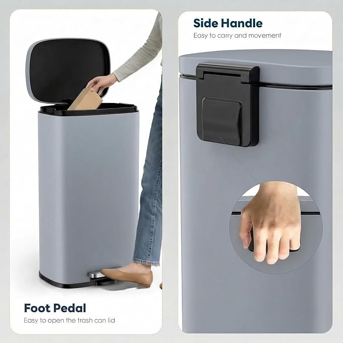 8 Gal Kitchen Trash Can, 30L Recycling or Garbage Bin, Brushed Stainless Steel Waste Basket, Soft&Quiet Close Dustbin, with Step-On Pedal, Removable Inner Bucket, for Home, Office, Living Room