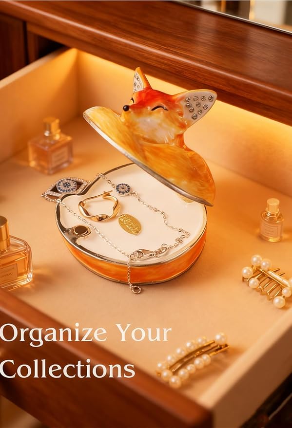 Hand Painted Trinket Box Enamel Vintage Jewelry Box Sleeping Fox Hinged Metal Jewelry Organizer Decorative Treasure Box Unique Gifts for Animal Lover
