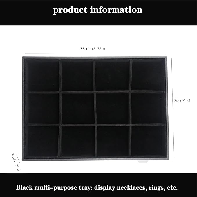 Large Velvet Jewelry Tray, Drawer Organizer for Jewelry in Dresser, Stackable Jewelry Drawer Organizer Inserts for Earring Necklace Bracelet Rings(Black,12grid)