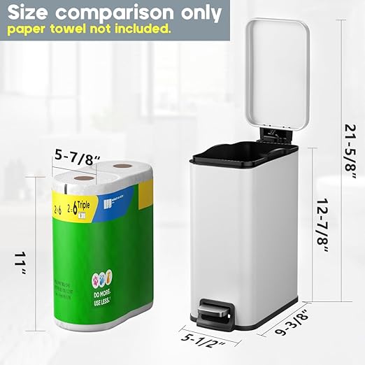 Slim Bathroom Trash Can with Lid Soft Close, 1.6 Gallon Stainless Steel Garbage Can with Removable Inner Bucket, Durable Step Pedal, Small Trash Bins for Toilet, Bedroom, Kitchen, Office