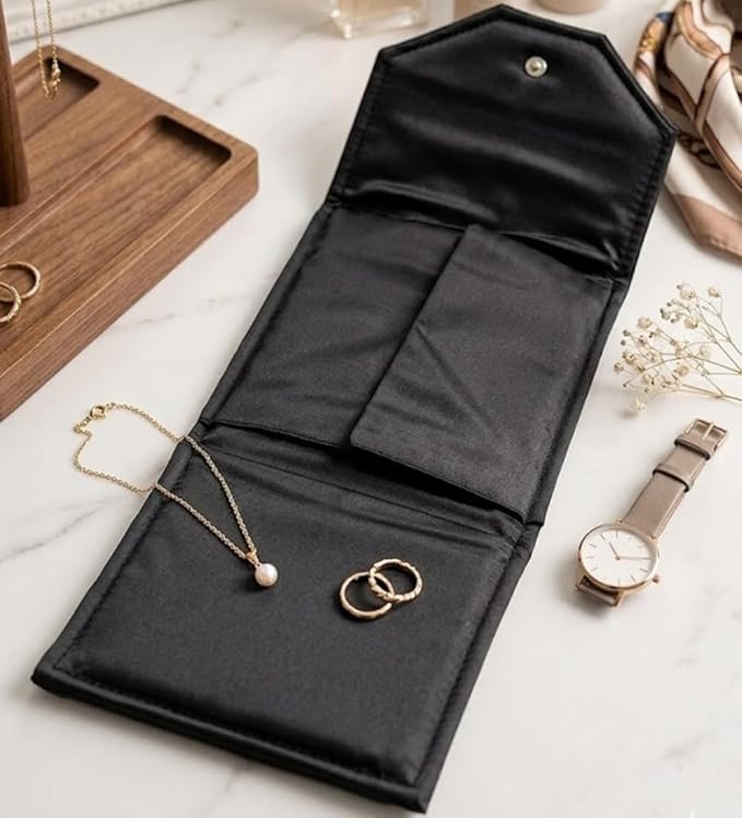 Novel Box Necklace Display Pearl Folder 8x6 inch Large Travel Jewelry Case - Wedding Jewelry Storage Holder with Smooth Finish - Jewelry Organizer Necklace Box - Black/Black Stitched