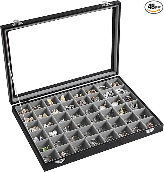 Stratalife Jewelry Organizer 48 Grid Jewelry Tray with Clear Lid Dust-proof Velvet Earring Organizer Necklace Rings Holder Display Drawer Storage Case for Women Gray Black