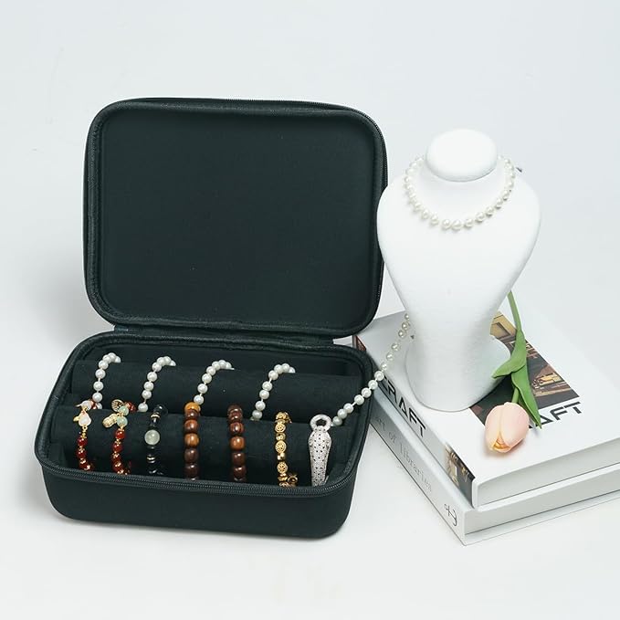 Portable Travel Jewelry Box Bracelet Display Holder with 2Rods for Watch Bangle Jewelry Organizer Storage Bag Women Men Black