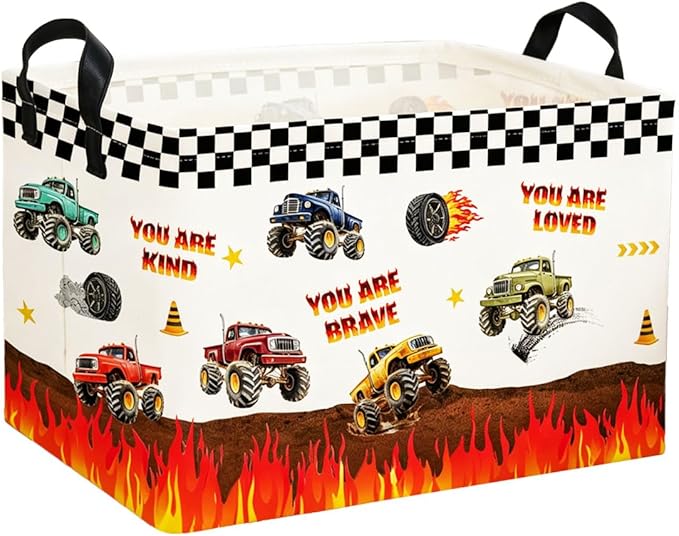 Rectangular Kids Baskets Monster Truck Basket Cute Storage Bins Organizer Box Boys Room Decor for Home.(Flame Racing)