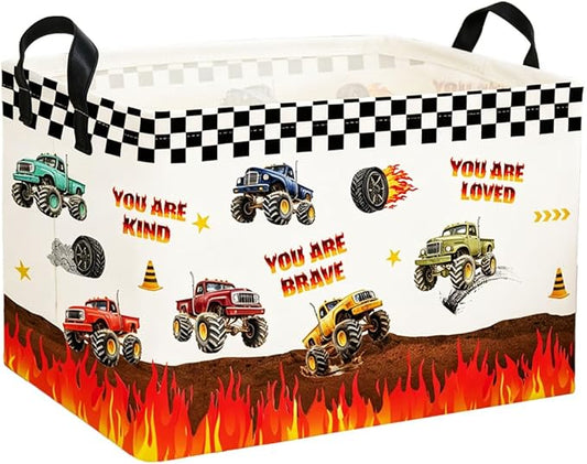 Rectangular Kids Baskets Monster Truck Basket Cute Storage Bins Organizer Box Boys Room Decor for Home.(Flame Racing)