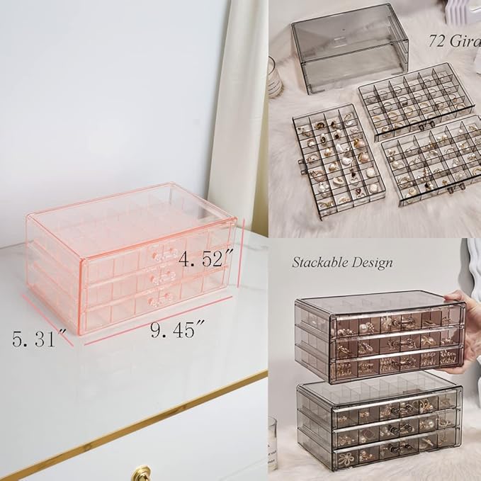 YUFONG Earring Storage Box Organizer 3 Drawers Acrylic Jewelry Storage Box Holder Transparent Jewelry Display Stand with 72 Small Compartments Gift for Women Girls (Clear Pink)
