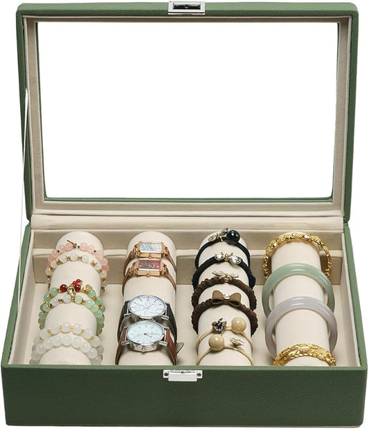 Bracelets Organizer Rods Bangles Display Holder, Clear See through Lid Leather Velvet Jewelry Storage Box Case for Women, 4 Rods Green Leather