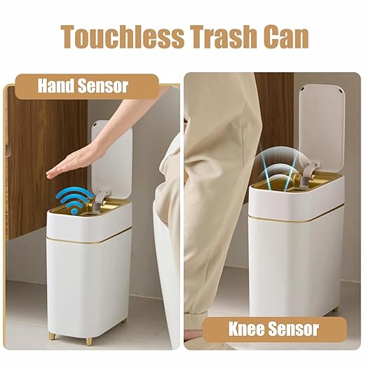 Yatmung Motion Sensor Trash Can Bathroom Automatic Touchless Lid - Sensor Garbage Can - Bathroom, Bedroom, Kitchen, Laundry Room, Small Spaces - Compact Smart Trash Bin - White with Gold Edge, 1Pack