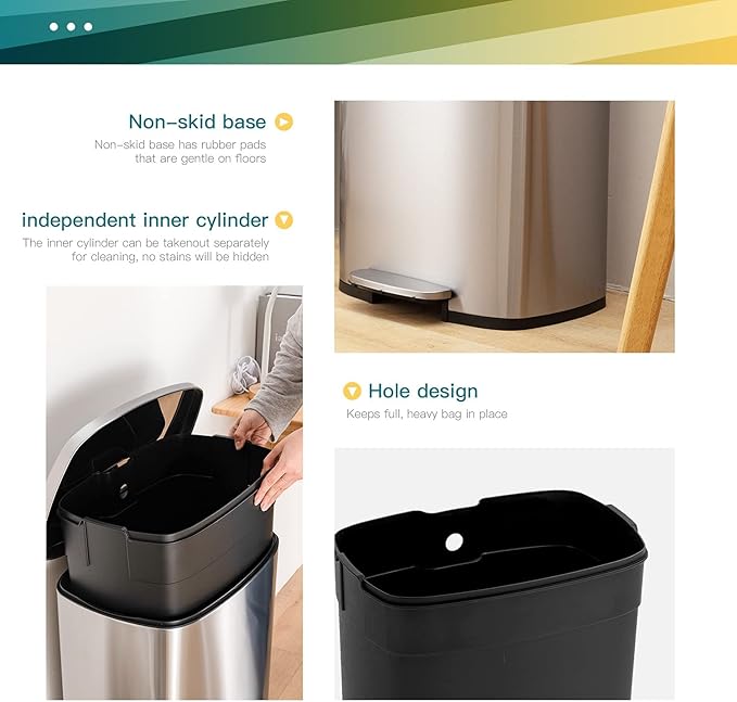 13 Gallon/50 L Garbage Can Kitchen Trash Can with Lid for Office Bedroom Bathroom Step Trash Bin Fingerprint-Proof Brushed Stainless Steel 13 Gallon / 50 Liter