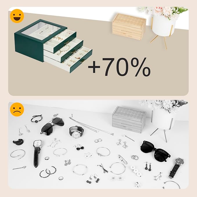 Jewelry Box Organizer with 3 Drawers,Glass Lid Jewelry Boxes for Women,Jewelry Storage for Rings,Necklaces,Earrings,Bracelets,Interesting Gift,Green