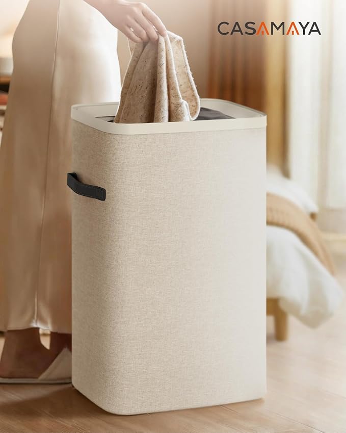 CASAMAYA Laundry Basket with Lid, Slim Laundry Hamper, 65L collapsible Laundry Organizer, Easy Assembly, with Handles and Removable Liners, 15.4 x 8.7 x 29.5 Inches, Beige JSP901M
