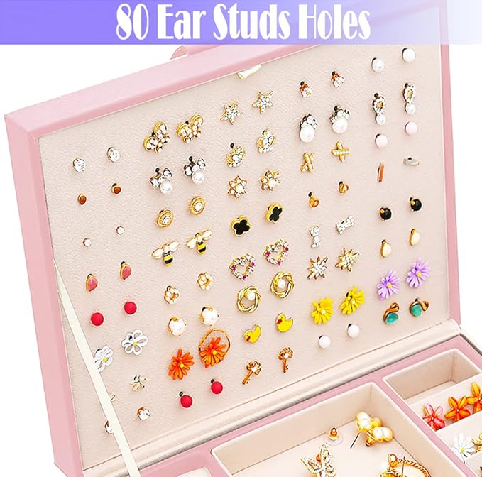 Earrings Jewelry Box for Girls, Large Capacity Jewelry Organizer with 40-Pair Earring Board, 2-Layer Leather Jewelry Storage Box for Necklaces Rings Bracelets with Removable Tray(Gift Idea),Pink
