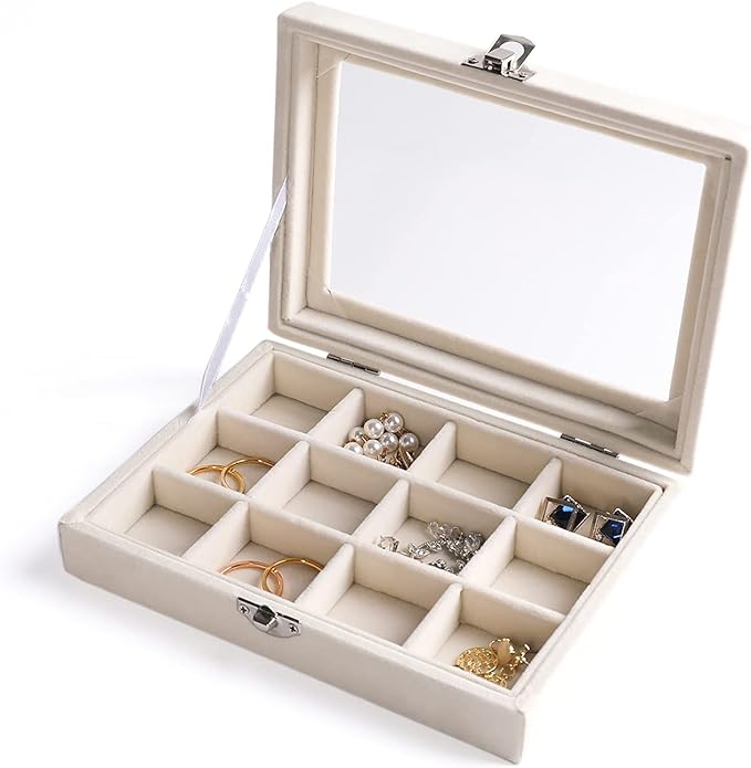 Frebeauty Jewelry Organizer Tray with Clear Lid - 12 Grid Velvet Drawer Insert Storage Box - Transparent Lid Display Case - Gift for Women (Beige, 12 Grid)