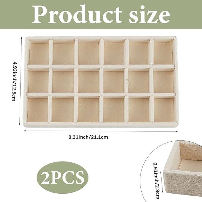 2Pcs 5 x 8.3 Inch Jewelry Box Tray Velvet Jewelry Drawer Insert Antique White 18 Grids Divided Stackable Necklace Storage Container Dresser Drawer Case for Earring Rings Display Showcase