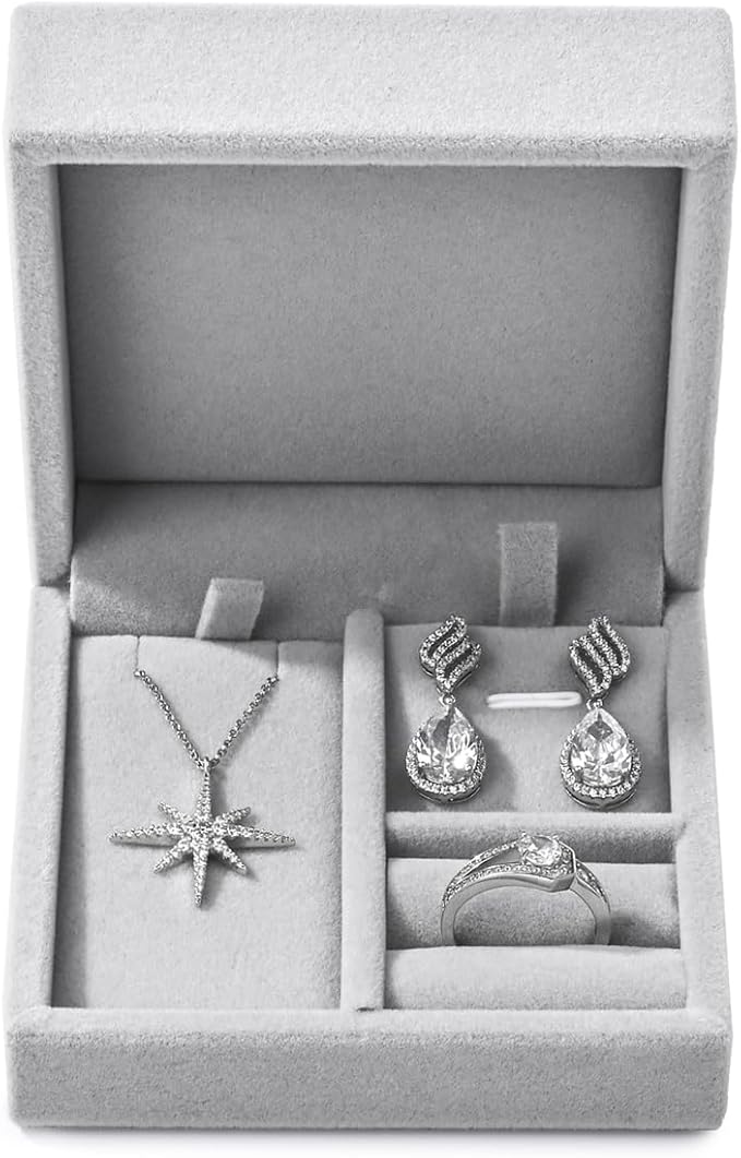 3 in 1 Velvet Jewelry Set Gift Box Earring Gift Box Ring Necklace Boxes Small Jewelry Storage Boxes for Travel Birthday Mother's Day Valentine's Day Gifts (Gray)