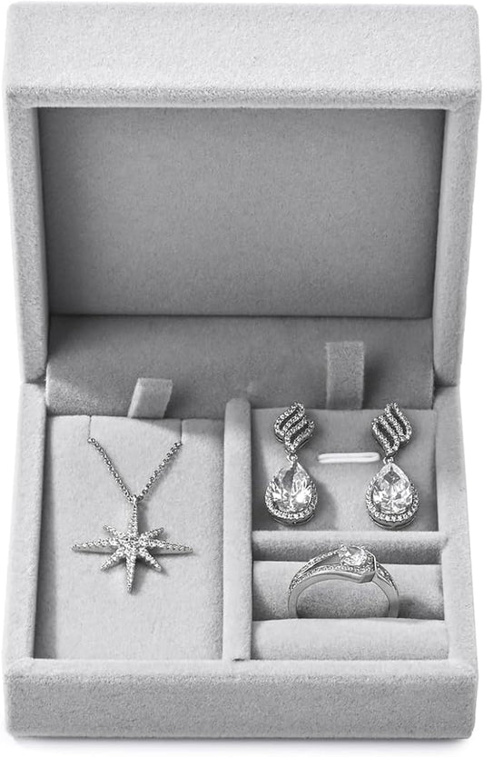 3 in 1 Velvet Jewelry Set Gift Box Earring Gift Box Ring Necklace Boxes Small Jewelry Storage Boxes for Travel Birthday Mother's Day Valentine's Day Gifts (Gray)
