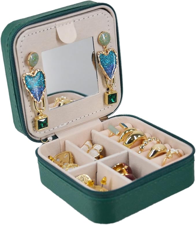 OceeK Travel Jewelry Case Box Organizer with Mirror,Travel Jewelry Box Holder Stocking Stuffers,Green,1 Pack