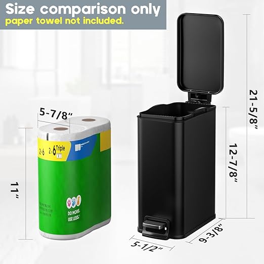 Bathroom Trash Can with Lid Slim 1.6 Gallon Stainless Steel Garbage Can with Removable Inner Bucket Soft Close Lid Durable Step Pedal Trash Bins for Toilet Bedroom Office (Matte Black, 1.6 Gallon)