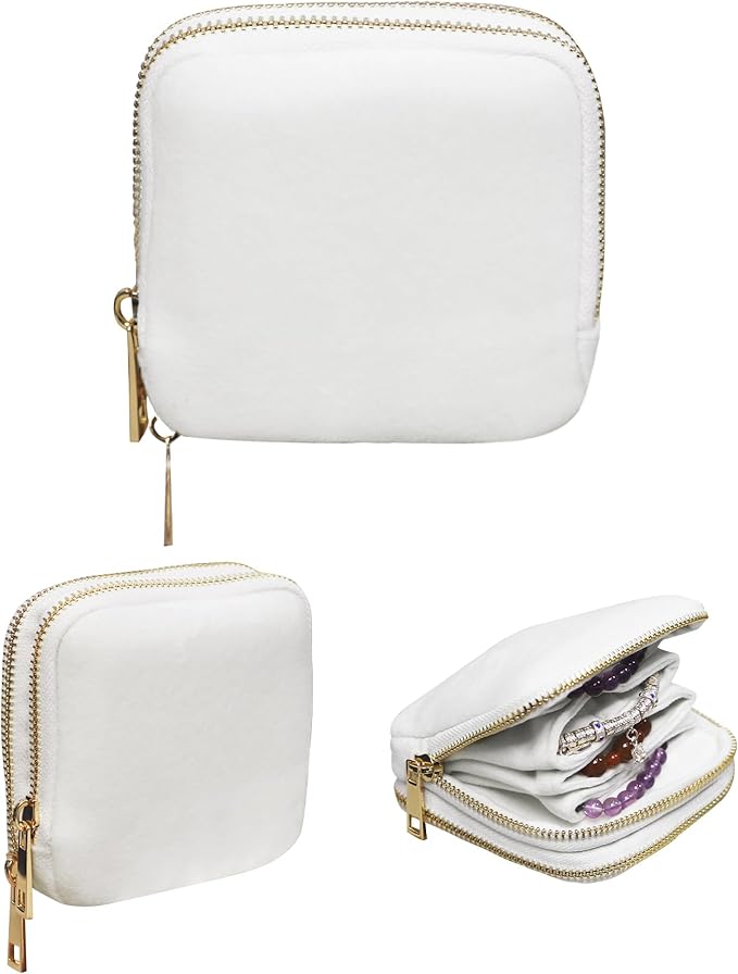 Stratalife Travel Jewelry Case Organizer 2-Layer Compact Storage Bag for Rings Earrings Necklace Bracelet Portable Velvet Jewelry Pouch with Zippers Travel Essential Gift for Women Cream White