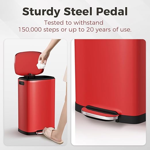 ELPHECO LPHECO Kitchen Trash Can with Lid Soft Close, 13 Gallon / 50L Stainless Steel Pedal Garbage Can, Heavy-Duty Step Wastebasket with 20 Bags, Removable Bucket, Home Office, Kitchen, Scarlet Red