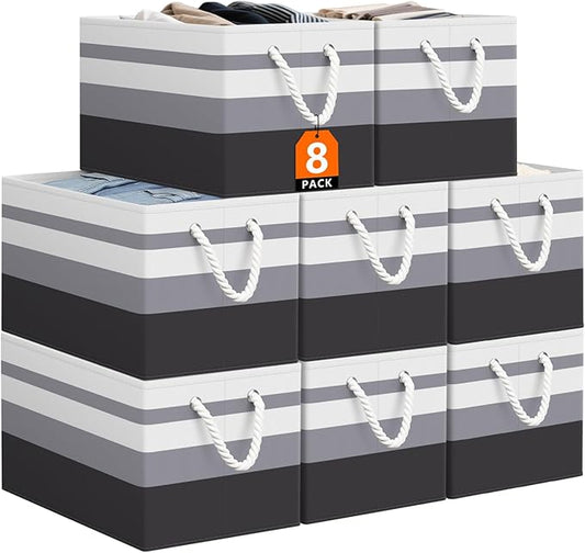 StorageTastic Storage Bin,Collapsible Storage Basket For Organizing,Large Storage Boxes With Rope Handles,Storage Containers,Gradient Grey,8 Pack