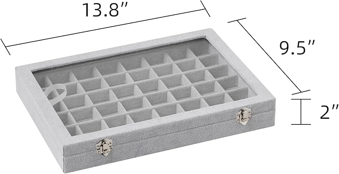 Frebeauty 48 Grid Jewelry Tray,Adjustable Earring Holder Organizer with Glass Lid,Velvet Drawer Jewelry Organizer for Rings,Studs,13.8 x 9.5 x 2 Inches Jewelry Display Box,Gift for Women(Grey)
