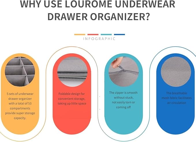 Lourome Underwear Organizer, 10 Set Foldable Fabric Underwear Drawer Organizer and Sock Organizer, Drawer Organizers for Clothing, Storage Bins for Underwear, Sock, Bra and Tie