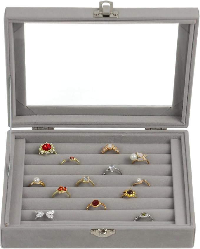 Fordonral Velvet Jewelry Organizer Box, Jewelry Drawer Organizers Trays, Earring Ring Necklace Holder Display Case (Gray, Ring Box)