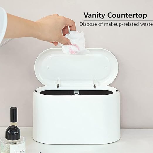 SUBEKYU Mini Trash Can with Lid,Small Desk Trash Can,Countertop Mini Garbage Cans,Tiny Waste Basket,White,with 3 roll Bags