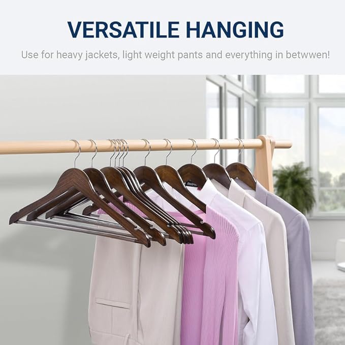 Amber Home 20 Pack Walnut Wooden Coat Hangers, Vintage Wood Suit Hangers with Non-Slip Pant Bar, Clothes Hangers for Closet Organization, Shirts, Jackets, Dresses, and Pants (Retro, 20)