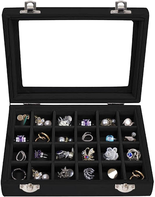 Velvet Jewelry Box 24 Grid Jewelry Earrings Display Organiser Box Ring Tray Holder Earrings Storage Case for Girls Women Wife Mom (Black)
