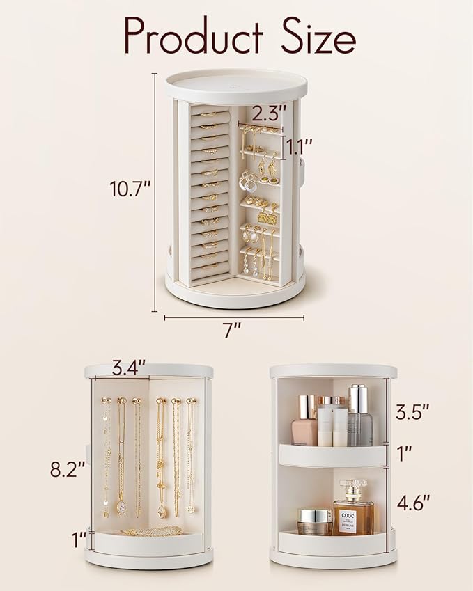 VLANDO 360°Rotating Jewelry Box,Earring Organizer Large Vertical Jewelry Organizer with 6 Necklace Hooks, Open Ring Display Storage for Women - Cream White