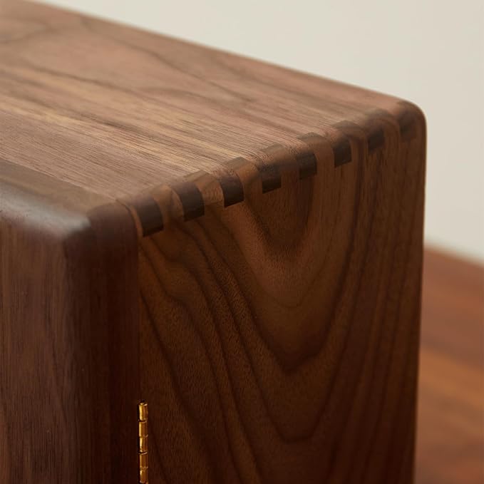 Solid Black Walnut Wood Jewelry Box for Women & Men, Large Velvet Lined Wooden Jewelry Organizer with 5 Drawers, Hand Carved Ginkgo Leaf Handles, Double Door Wardrobe Design