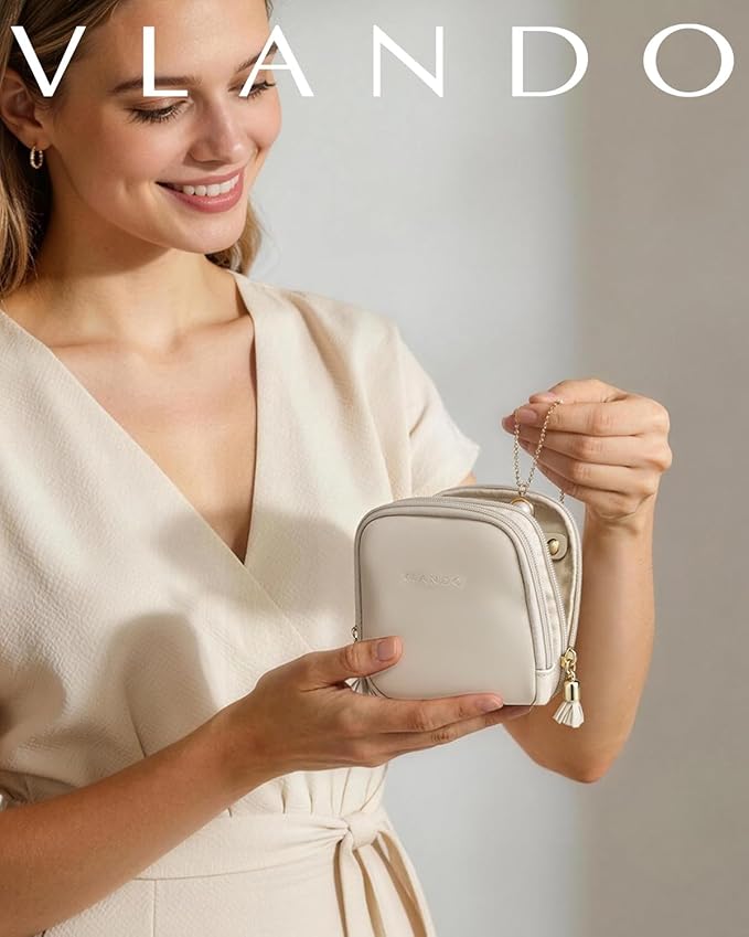 VLANDO Travel Jewelry Case,2-Layer Jewelry Organizer for Travel,Mothers Day Mom Gifts Teacher Gifts,Multi-Compartment Jewelry Storage for Rings Earrings Necklaces Bracelets-Cream White