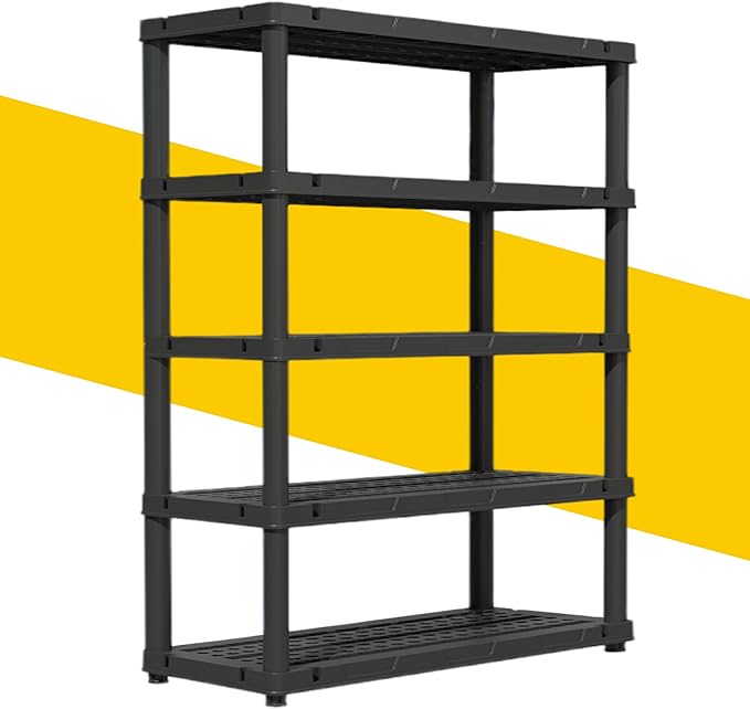 72”H Plastic Garage Storage Shelves,5-Tier Heavy Duty Plastic Shelving,700LBS Plastic Shelving Units Free Standing,for Home,Garage,Basement, Laundry,Black,16.93" Dx35.43 Wx72.44 H