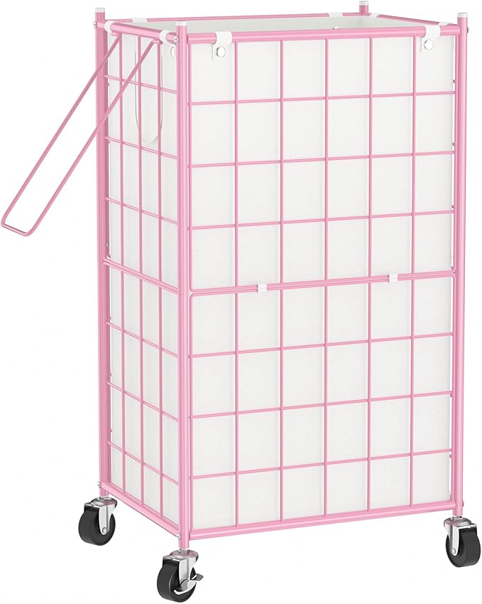 WOWLIVE Laundry Hamper with Wheels,Metal Wire Frame Rolling Laundry Basket with Removable bag,100L Dirty Clothes Hamper Organizer Dorm Room Storage for Bedroom,Bathroom,Pink