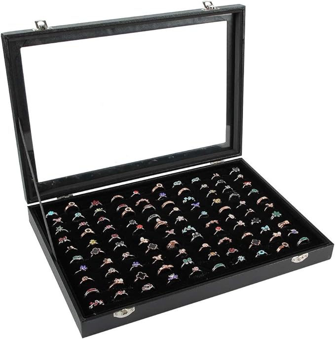 Siveit Ring Display Case Organizer Box with Transparent Lid, Ring Holder Showcase For Store Display Jewelry Show Home, Ring Organizer For Jewelry Rings, Studs Earrings (100 Slot, Black)