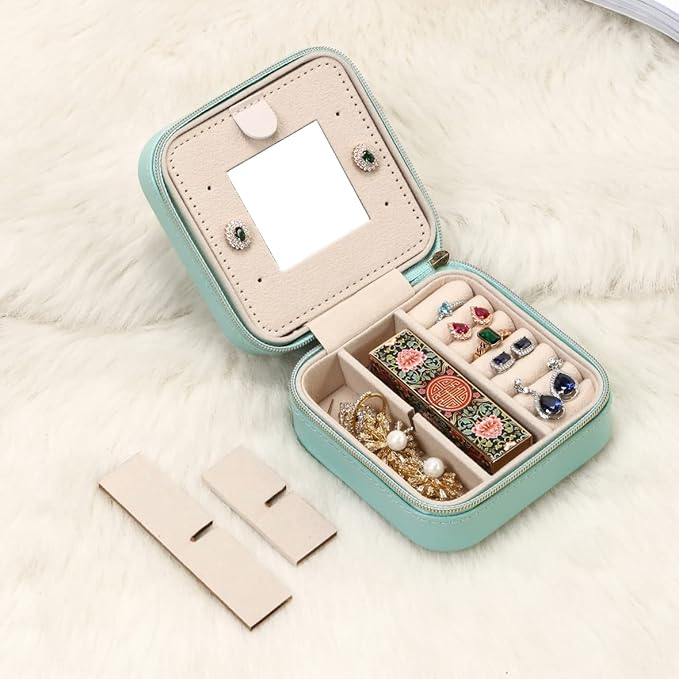 Jewelry Case with Mirror, Small Travel Jewelry Organizer, Portable Mini Storage Box for Rings, Earrings, Necklaces, Gift for Mother Mom, Girl, Daughter, Sisters, Bridesmaids, Mother's Day Gift (Blue)