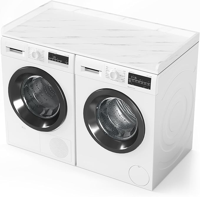 SpaceAid Washer Dryer Countertop, Laundry Wood Shelf Topper with Edge, 54" Width x 27.5" Depth Cover Guard Organizer for Washer and Dryer Laundry Hamper Counter Storage Organization (White Marble)
