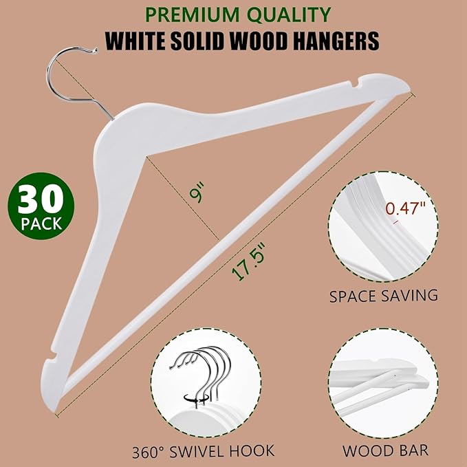 Amber Home 30 Pack White Wooden Coat Hangers, White Wood Suit Hangers with Non-Slip Pant Bar, Clothes Hangers for Closet Organization, Shirts, Jackets, Dresses, and Pants (White, 30)