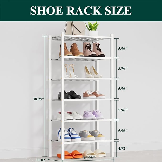 Smiry Shoe Rack, 6 Tier Thick Small Bamboo Shoe Organizer, Stackable Free Standing Wooden Shoe Storage Shelf for Closet, Entryway, Front Door Entrance, White