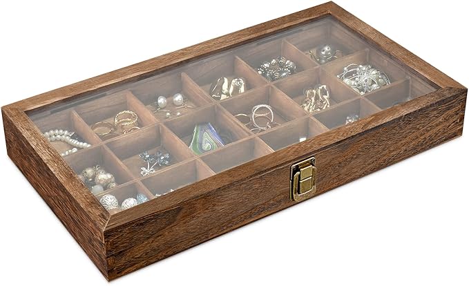 MOOCA Wooden Jewelry Display and Beads Display Storage Case with Tempered Glass Lid , 18 Compartments, 15" W x 8 3/8" L x 2 1/8" H, Brown Color