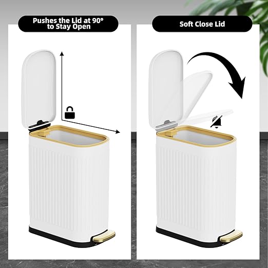 KSSKSS 2.6 Gallon Slim Bathroom Trash Can with Soft Close Lid, 10L Stainless Steel Garbage Can with Removable Liner Bucket, for Narrow Spaces, Bathroom, Bedroom (White)