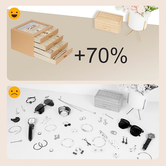 Jewelry Box with Glass Lid, 4-Layer Jewelry Organizer for Women Girls, PU Leather Display Case with 20-Grid Earring Tray & Movable Dividers for Necklaces Rings,Camel